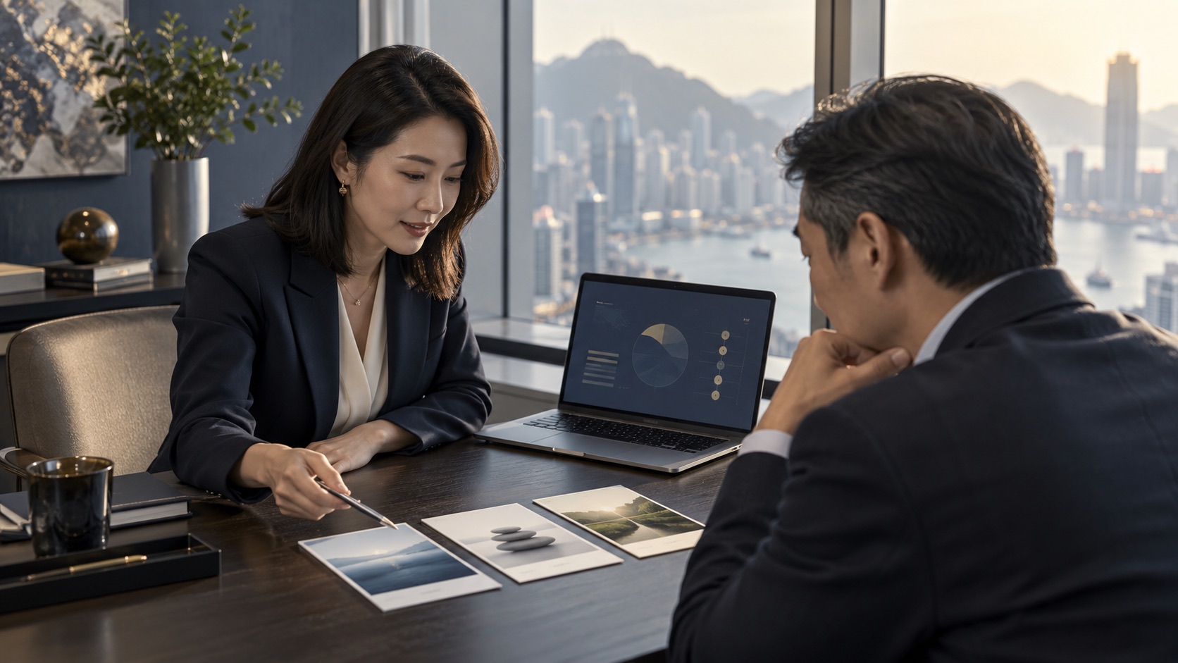 Illustration of a wealth adviser reviewing a short list of ranked options