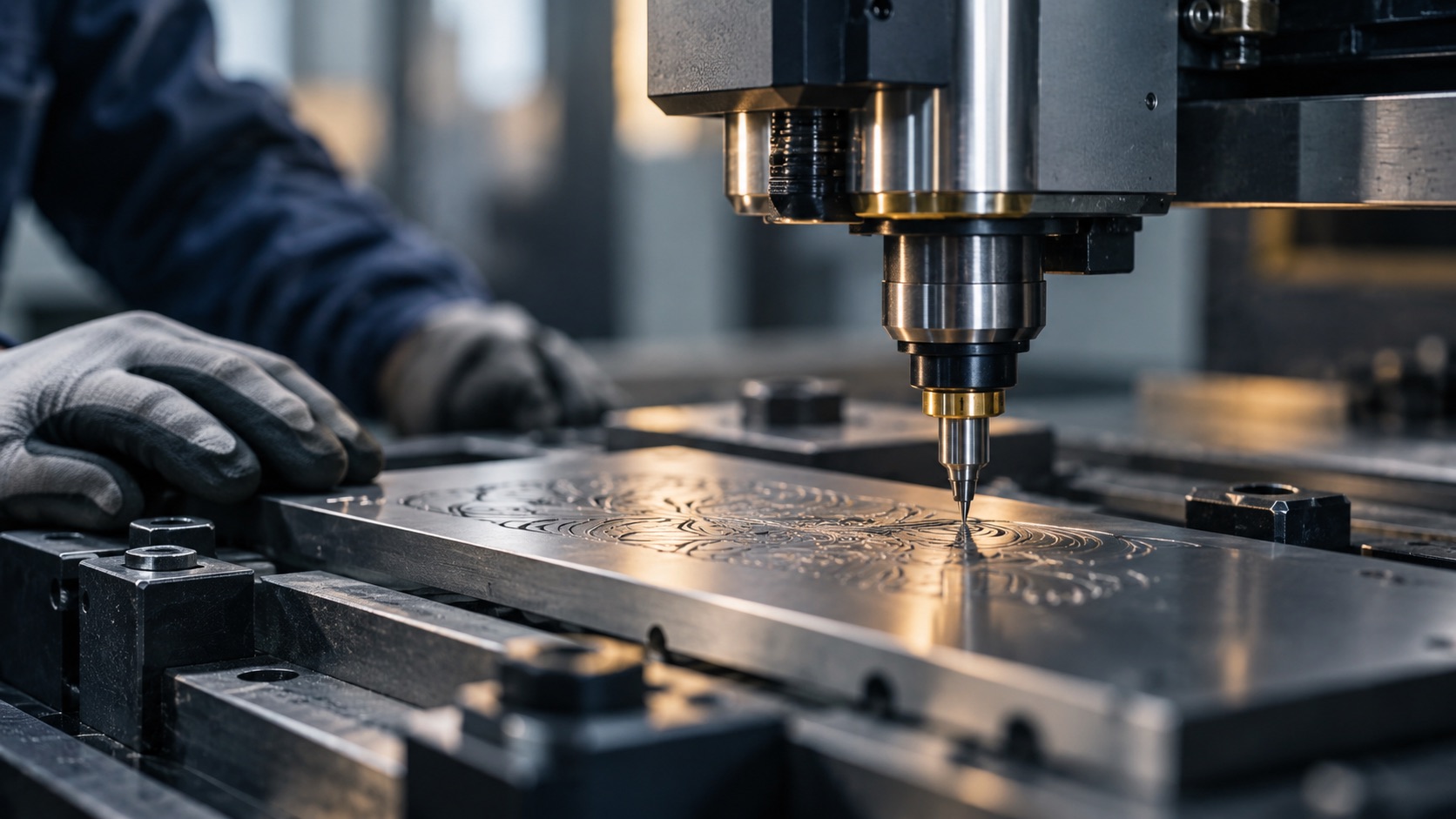 Illustration of a precision engraving machine at work